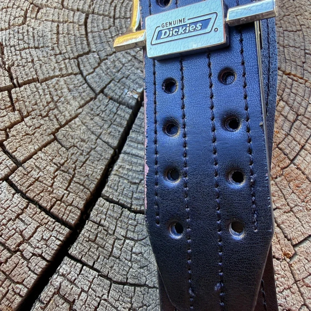 Y2K Dickies Genuine Leather Black Perforated Belt Size 40 Silver Buckle